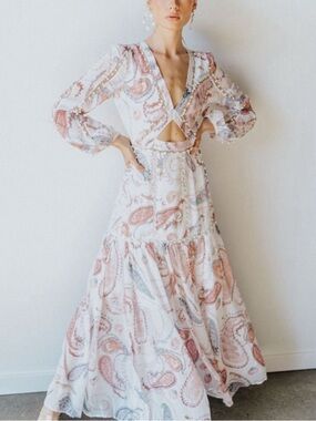 UNTAMED PETALS BY AMANDA JUDGE White Paisley Cutout Maxi Dress with Pink Accents